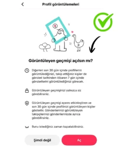 Bu aşamada sayfa "görüntülüyen geçmişi açılsın mı?" şeklinde görünüyorsa profil görüntülüme ayarınız kapalı demektir.